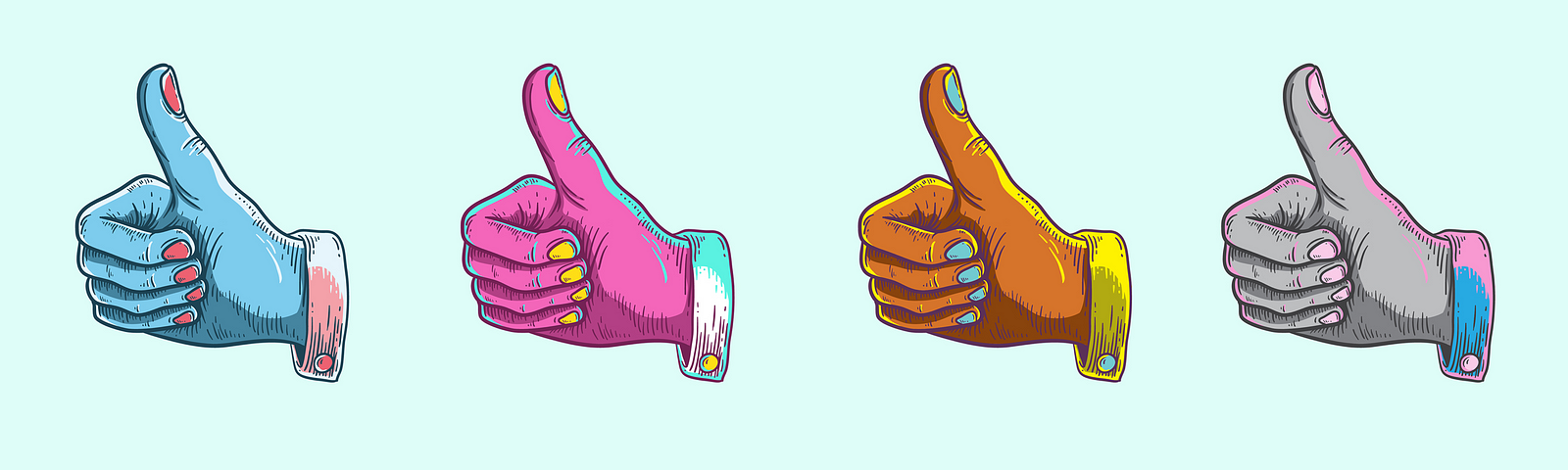 4 hand-drawn hands giving the thumbs up sign