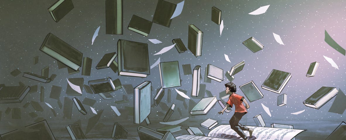 Image: A kid in a red shirt leaning agains the wind as they fight their way into a storm of flurrying books.