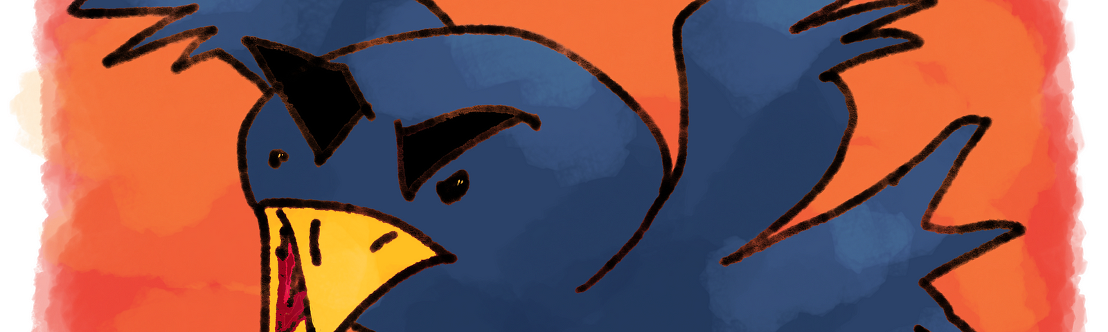 A cartoonish image of an angry dark blue bird flying in an orange-red sky. It has big black eyebrows. Art by Doodleslice 2024