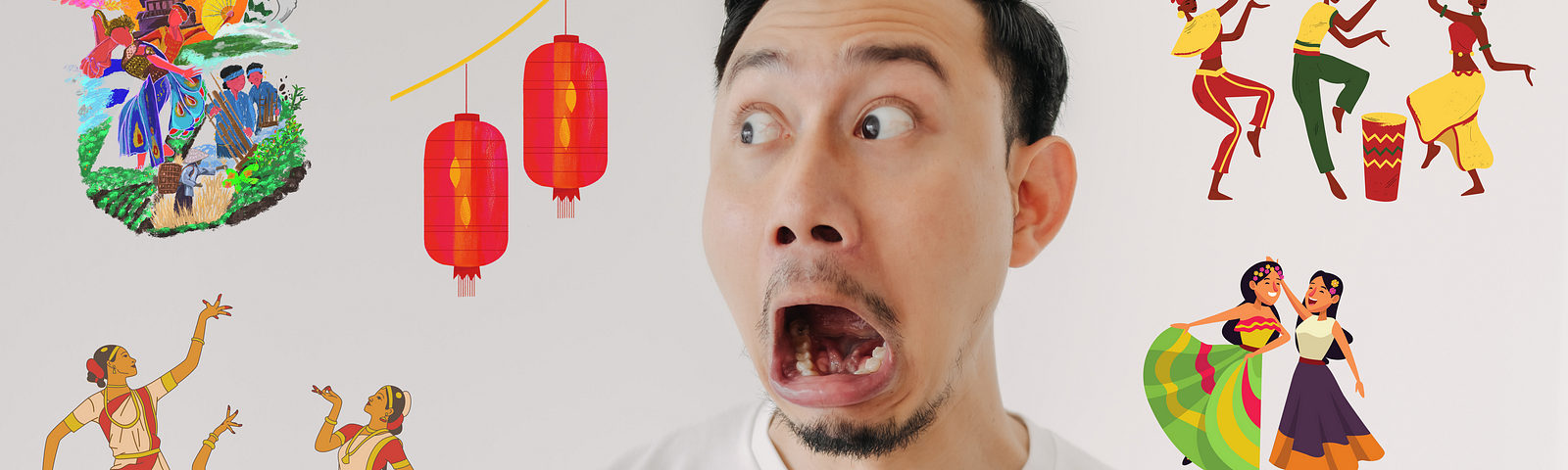 Shocked man with icons of different cultures floating around his head
