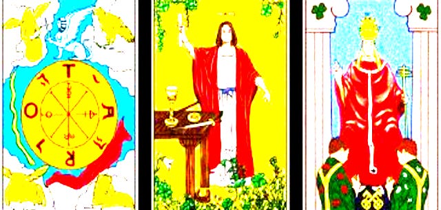 oversaturated images from Tarot de Marseilles: Wheel of Fortune, the Magician, the Hierophant