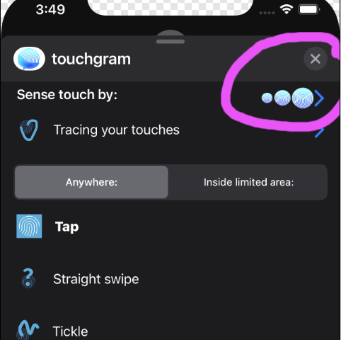 Portion of Touchgram screen with Close button and Feedback buttons circled for emphasis.