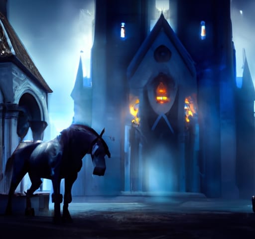 Pretty black mare in a blue, mysterious atmosphere of a church.