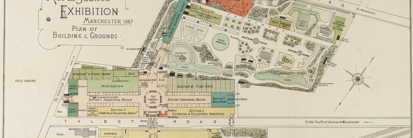 Coloured plan showing buildings and grounds, with key (bottom right-hand corner) to different sections of the exhibition.