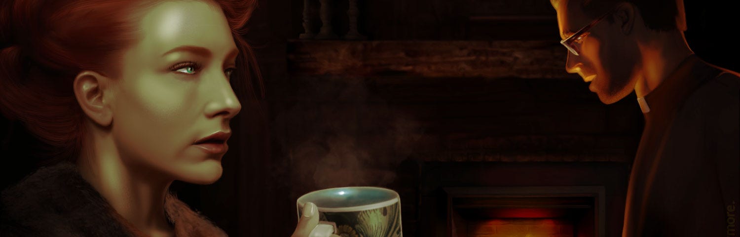 A woman holding a mug of steaming tea and a pensive priest standing near a lit fire in a dark room