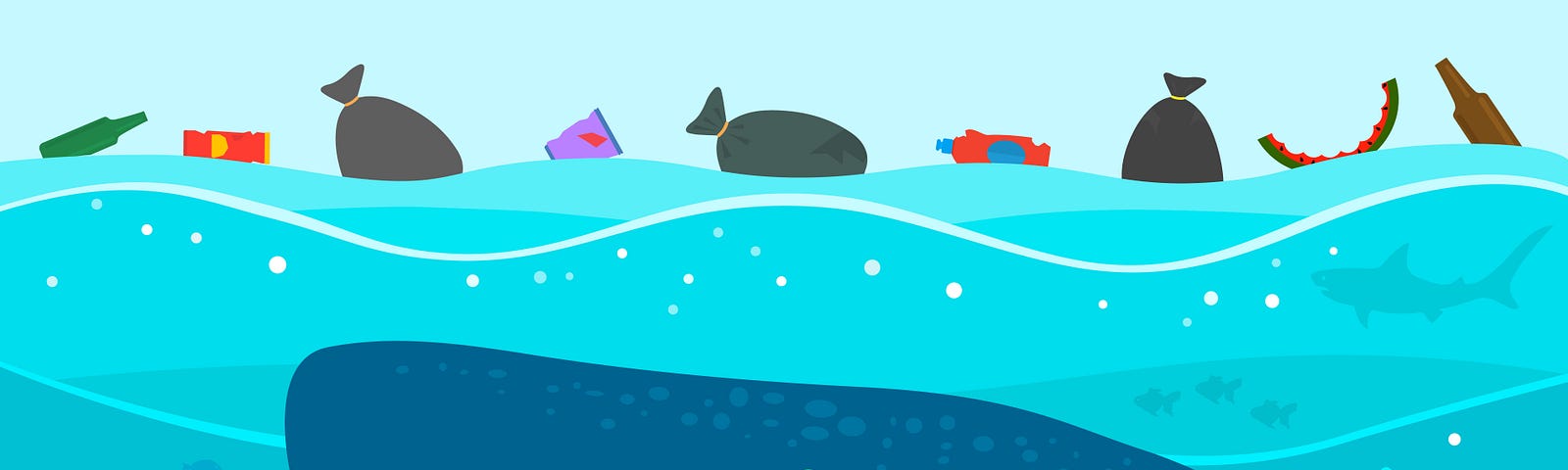 Illustration of a whale that has eating plastic trash against a polluted sea.