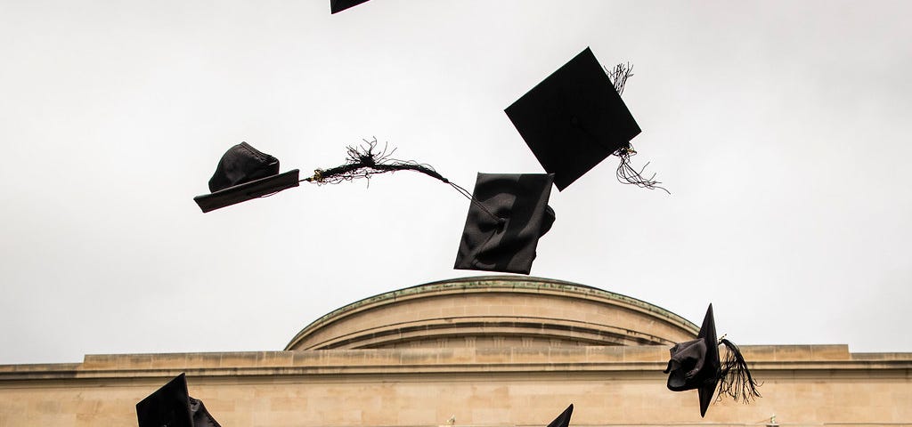 Photo of the MIT Great Dome with graduation caps flying in the air in front.