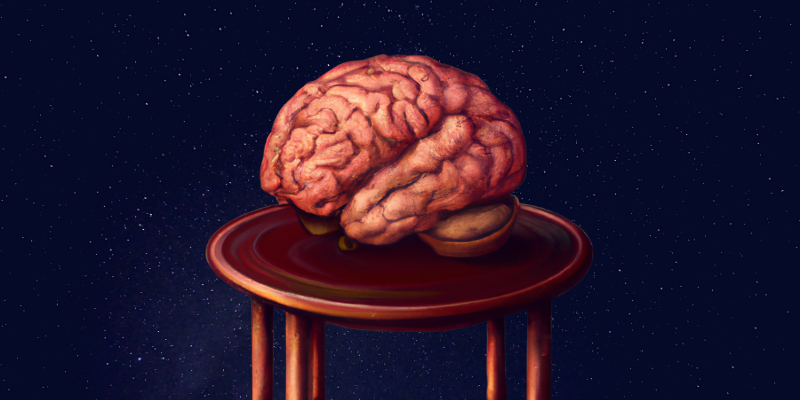 Giant cartoon brain on a table in space —A “Not Knowing” Mindset Is the Secret to Unstoppable Growth