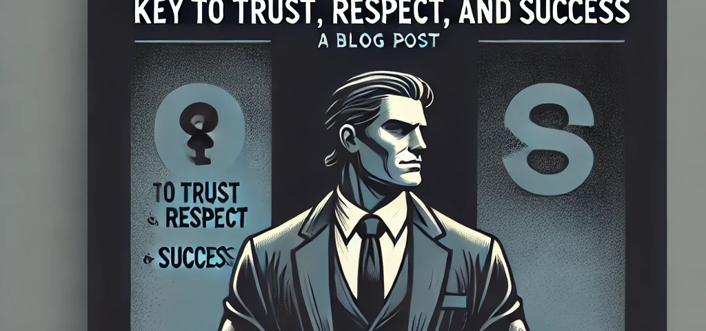Cover image for a blog post titled ‘Integrity: Key to Trust, Respect, and Success.’ The design features a dark color scheme with a confident man standing prominently. The title is displayed in bold, clear font, emphasizing the importance of integrity. The overall look is simple yet powerful, highlighting the theme of the blog post and creating a motivational vibe.