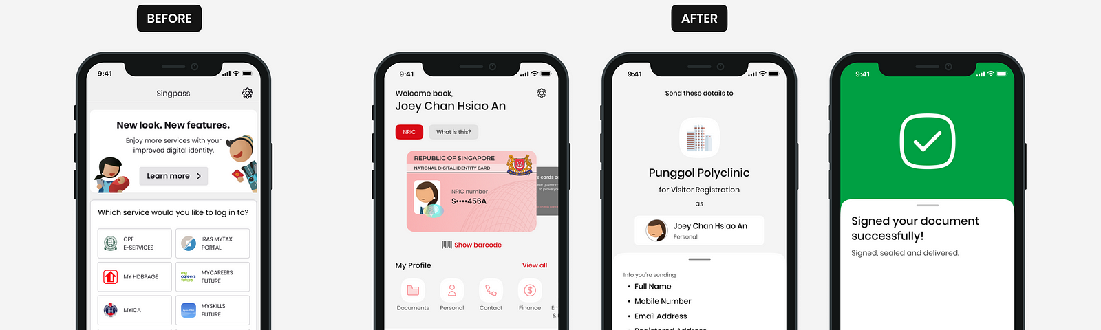 From left to right: Screenshot of old Singpass Mobile. Screenshot of the  new Singpass app’s homepage, with the digital IC upfront. Screenshot of the new consent screen, with a cleaner UI. Screenshot of the new success screen, saying “signed your document successfully”.