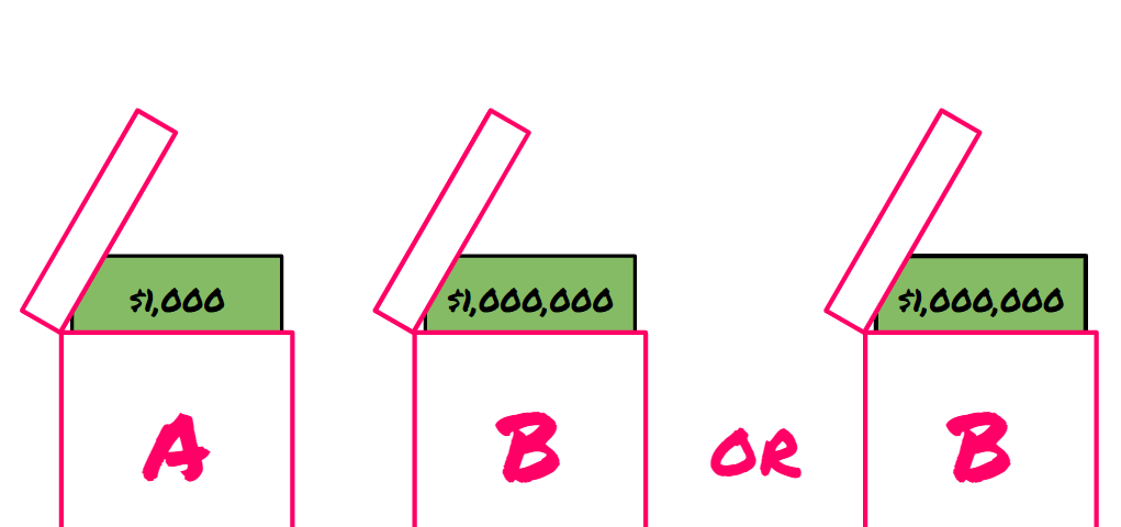 Box A visibly contains $1,000; Box B visibly contains $1,000,000. Do you pick only Box B, or both boxes?