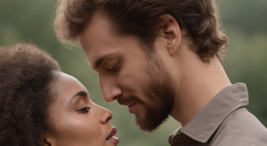A Black woman and a white man stare into each others eyes.