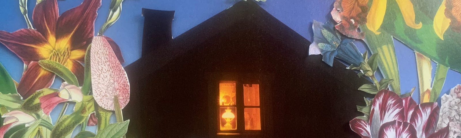 The silhouette of a house with a chimney and a chicken resting on the peak of the roof is set against a twilit sky. An oil lamp in a window glows a warm orange, while all around the house, a colorful garden of vintage botanical drawings make a riot of color.