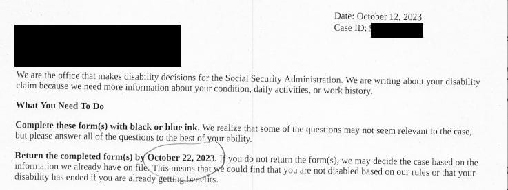 Copy of redacted letter showing an unreasonable deadline on a Social Security Function Report.