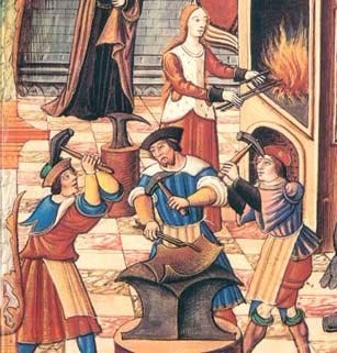 Medieval armouring workshop showing craft workers and woman at a forge