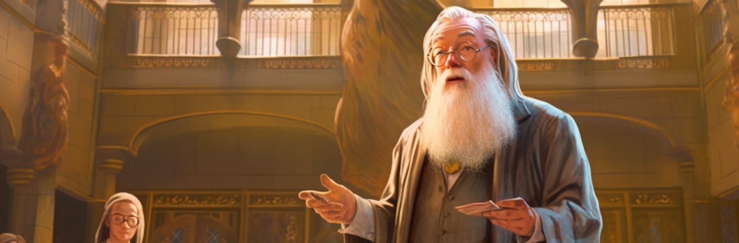 A caricature of Albus Dumbledore, the legendary headmaster of Hogwarts: Image by David Watson and Midjourney