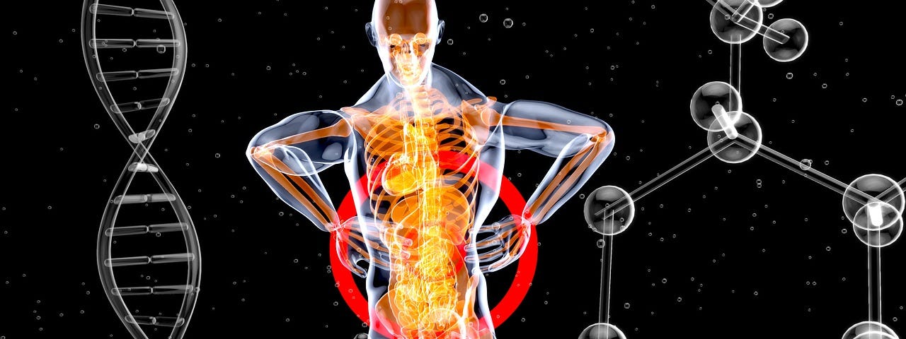 IMAGE: A DNA chain, a molecule and a transparent human figure symbolizing the immune system