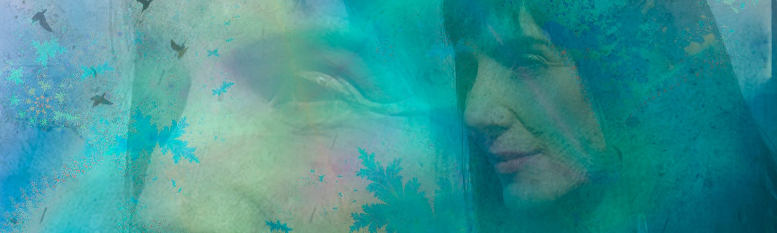 Composite image including a woman’s profile, seabirds and fractal colors in blues and greens.
