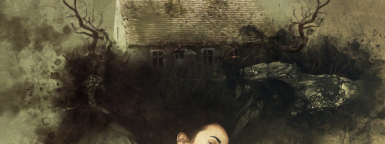 Spooky image of a woman dreaming against the background of a house.