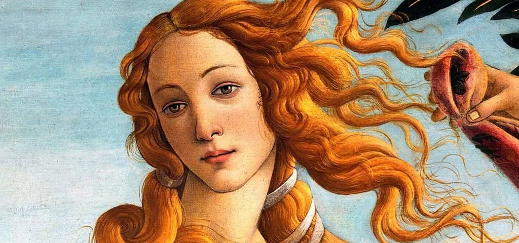 Recorte de uma pintura de têmpera sobre tela, que mostra o rosto de uma mulher com cabelos esvoançantes.