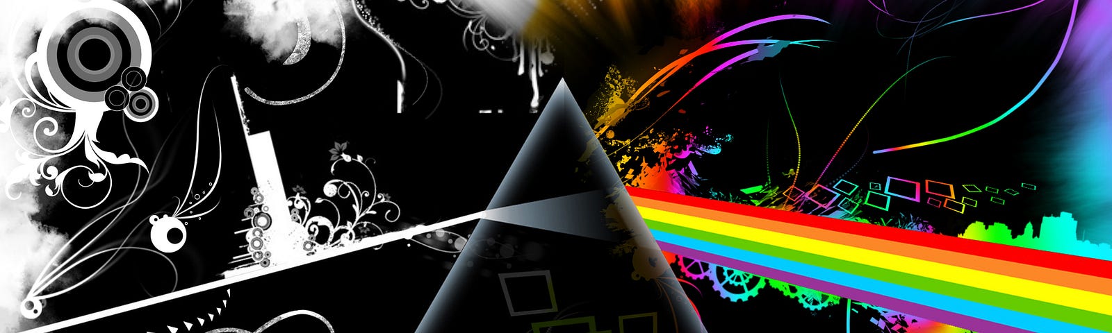 Graphic take of “Dark Side of the Moon” cover: dark triangle, half shining rainbow prism the other white, cosmic doodles.