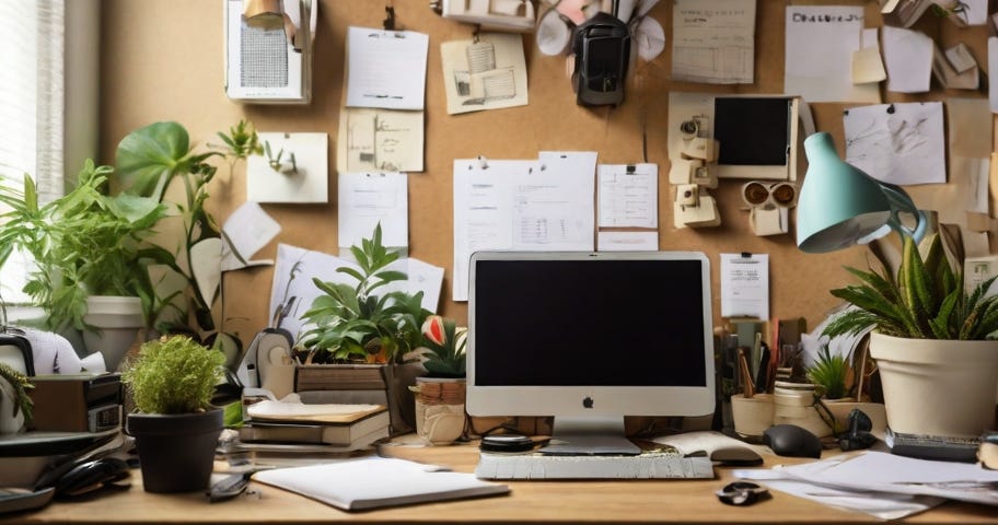 A cluttered desk strewn with papers and gadgets