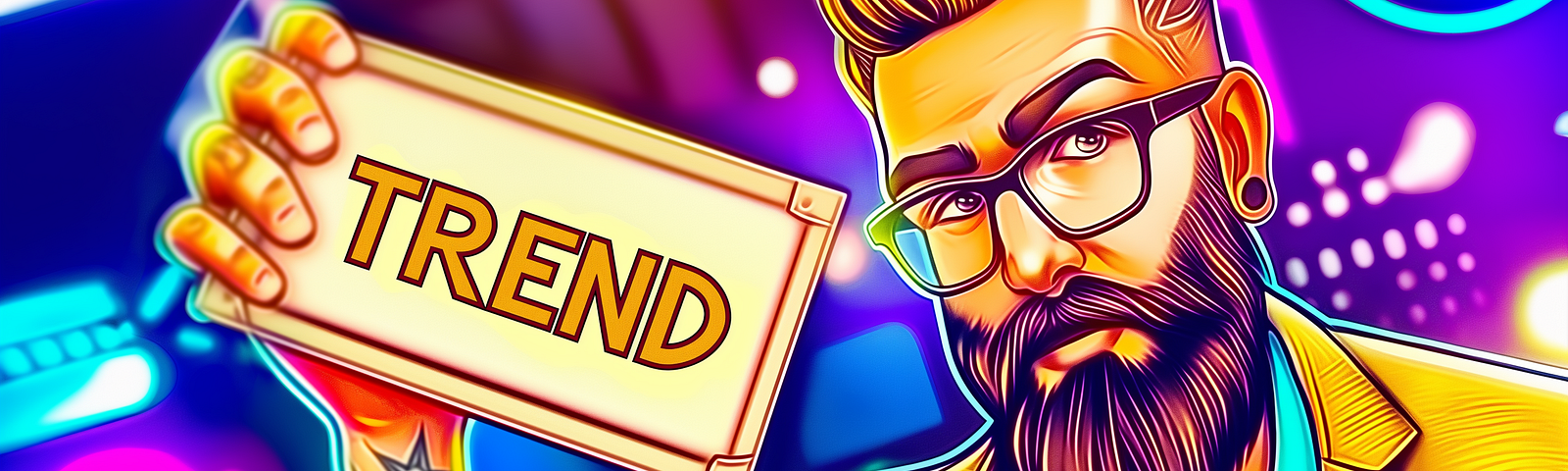 Spot the Next Big Crypto Trend and Make Millions with My “TREND” Strategy Learn How the TREND Strategy Can Discover Your Next Golden Crypto Opportunity, AI image created on midjourney v6 by henrique centieiro and bee lee, a man with tattoo and beard and glasses, holding a big sign with big bold words “TREND”