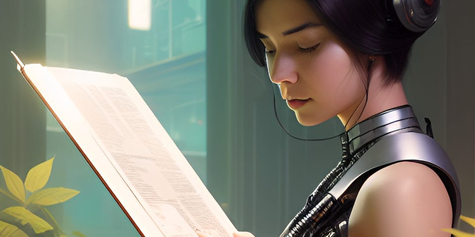 High-tech girl reading two books in a library