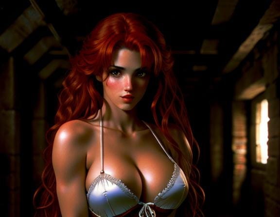A pretty redhead wearing a white bra in a dark basement