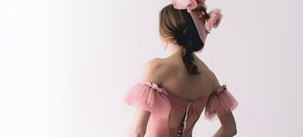 View from the back of a woman in a pink ballgown and hat