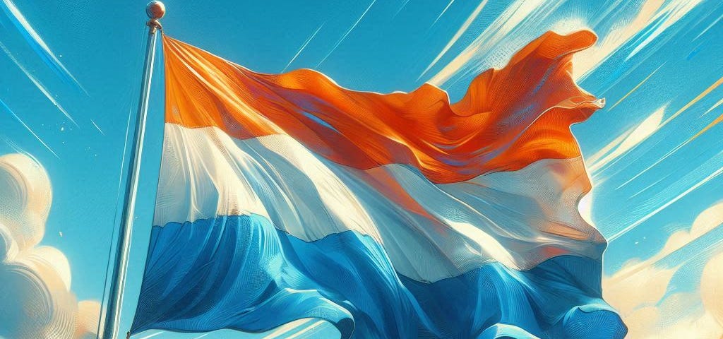 An AI image of a Dutch flag fluttering on a blue sky.