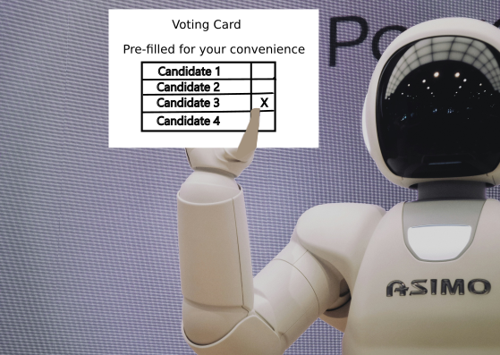 A robot holding up a pre-filled voting card