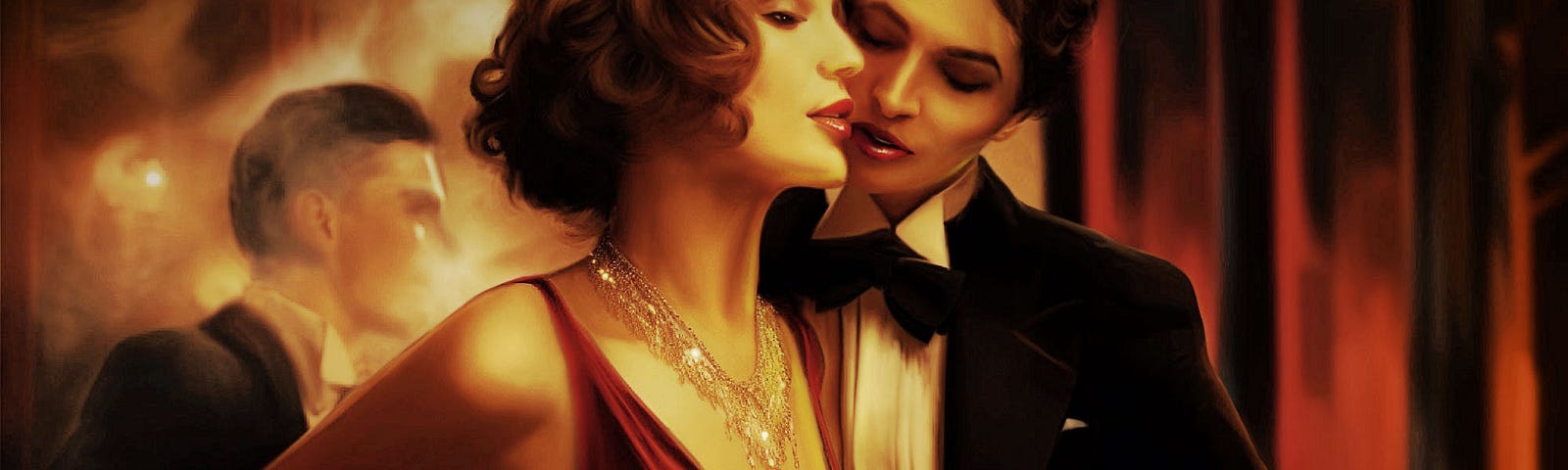 Two women in a dark 1920s speakeasy, one in a tuxedo is admiring another in a long-slung dress, a man and cigarette smoke in the background, warm palette