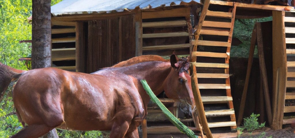 a chestnut horse working next to a pile of log with a partially built cabin in th background