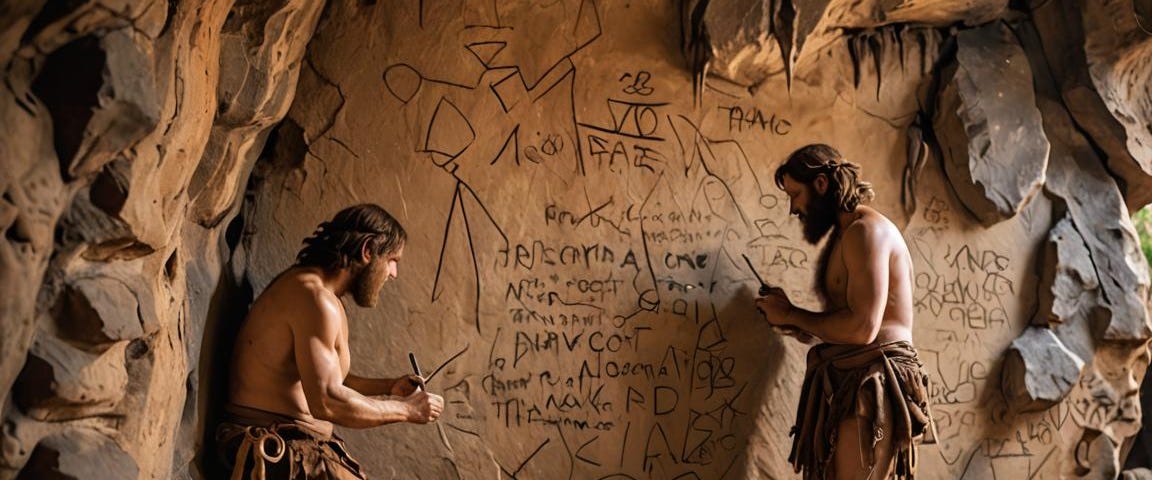 Cavemen writing on the wall of a cave