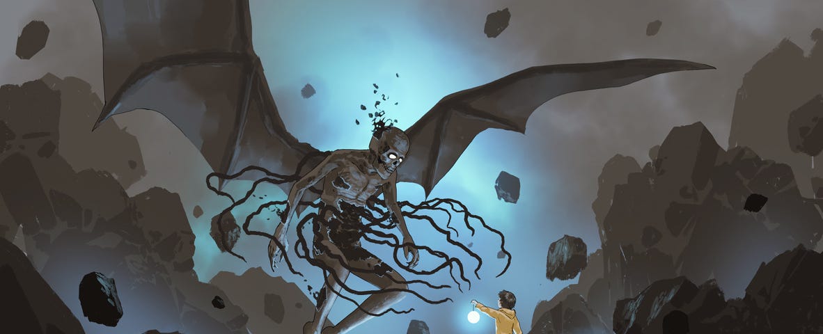 Image: A skeletal monster with bat-like wings extending chest tentacles toward a child in a yellow coat who is holding out a light to the monster.