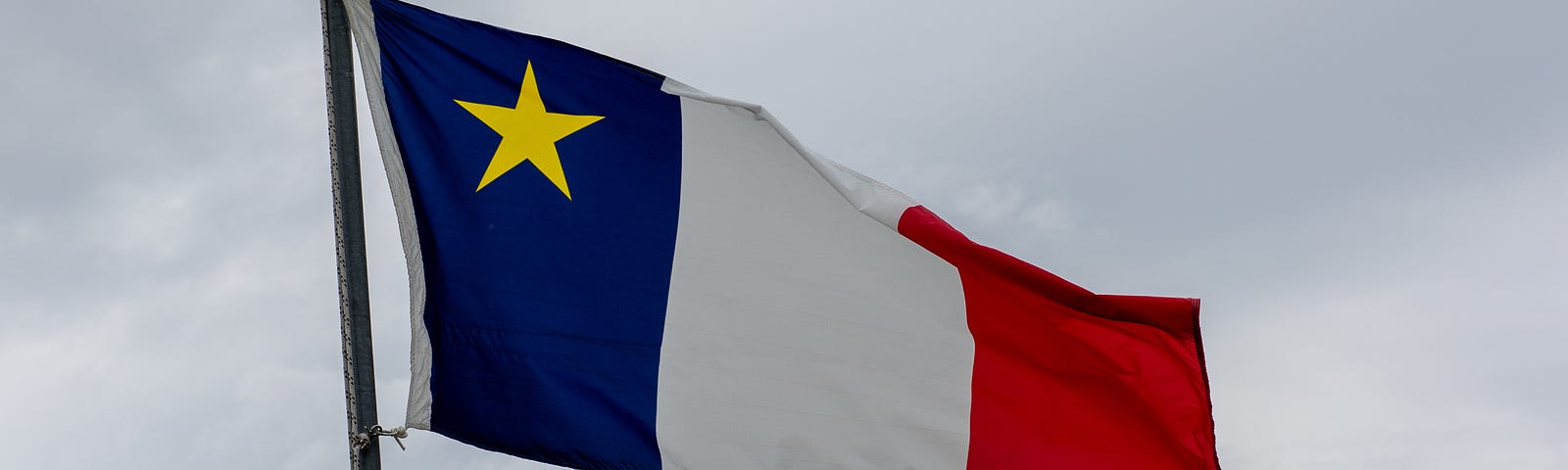 Image of the Acadian flag. It is the French flag with the addition of a gold star in the upper left-hand corner of the flag.