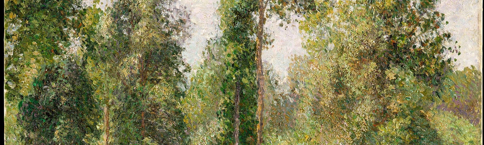 An impressionist painting, predominantly green, showing a garden in the foreground, a wooden fence in the middle ground and tall trees in the background. Near the wooden fence is the hint of a person.