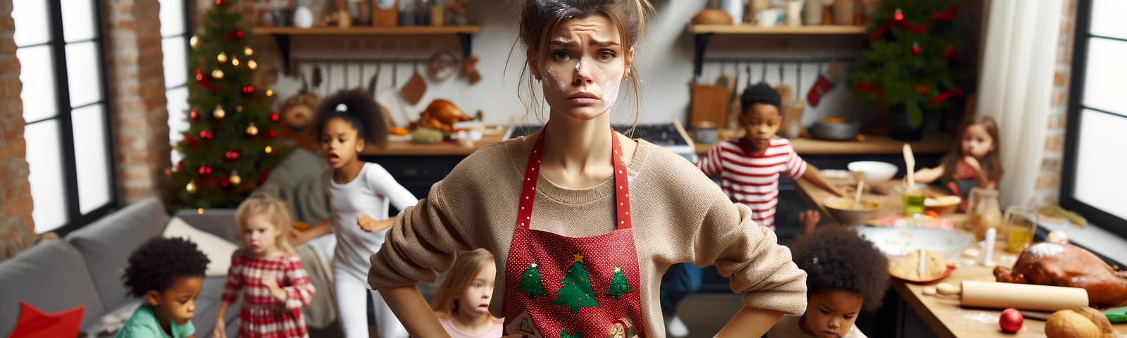 A young Caucasian woman in a festive apron is in a kitchen, looking stressed and disheveled as she prepares a Christmas feast. Her hair is in a messy bun, with flour on her face, and she’s surrounded by children of diverse descents, including Black, Hispanic, and Asian. The children are running around, some with toys in their hands, creating a chaotic scene. The room is decorated for Christmas, with a partially decorated tree in the background and presents scattered around, some half unwrapped.