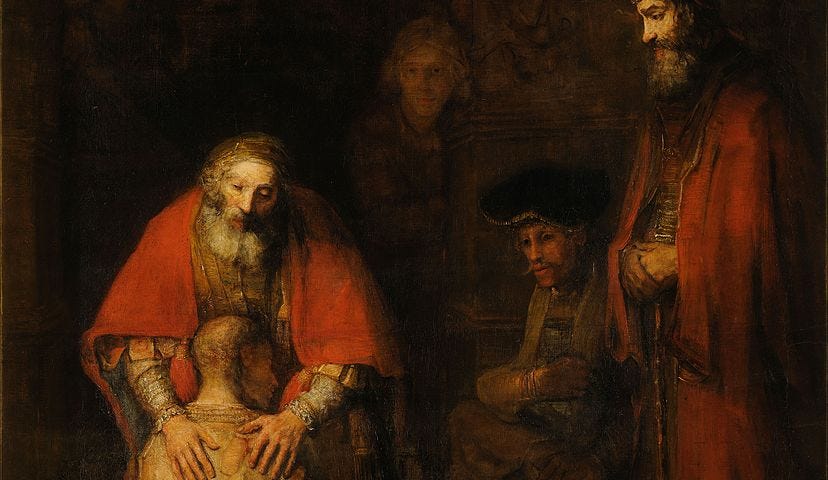 The Return of the Prodigal Son by Rembrandt. This painting depicts a touching scene of a father embracing his son who has returned home after a period of hardship, symbolizing forgiveness, connection, and belonging.