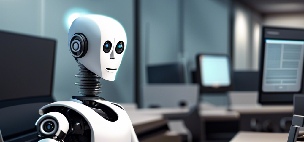 IMAGE: A robot journalist in a newsroom, sitting in front of the keyboard