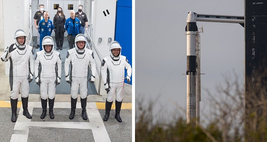 The four SpaceX Crew-2 astronauts are pictured during a dress rehearsal at the Kennedy Space Center in Florida (left). The Crew Dragon vehicle is atop the Falcon 9 rocket at the launch pad (right).