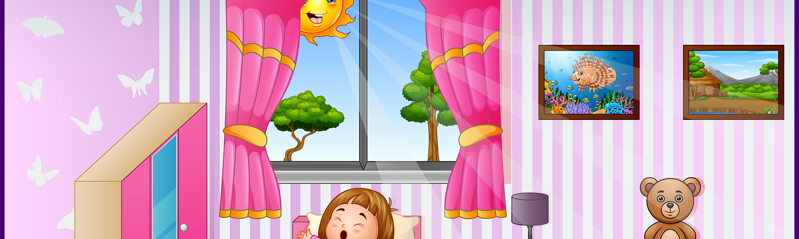 Cartoon style picture of little girl waking up with the sun shining through the window