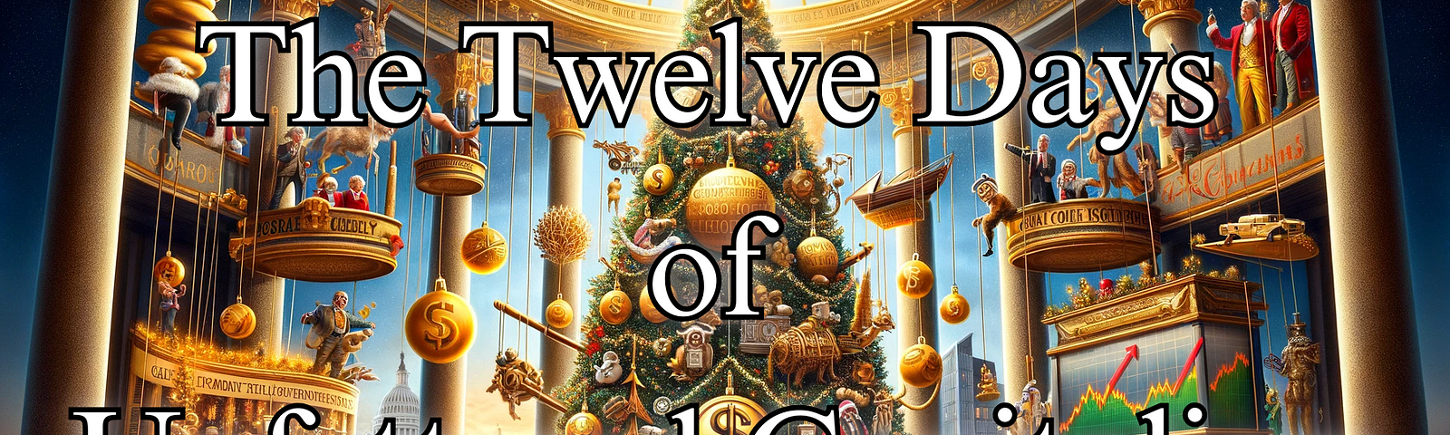 A large Christmas tree surrounded by rich people with the title The Twelve Days of Unfettered Capitalism