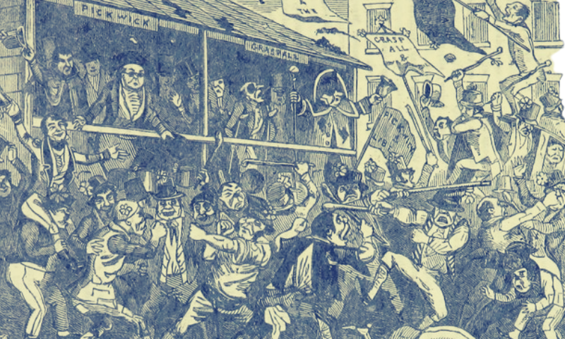 A scene from Charles Dickens’ first novel, in which Mr. Pickett and co. watch costumed people brawling over an election.