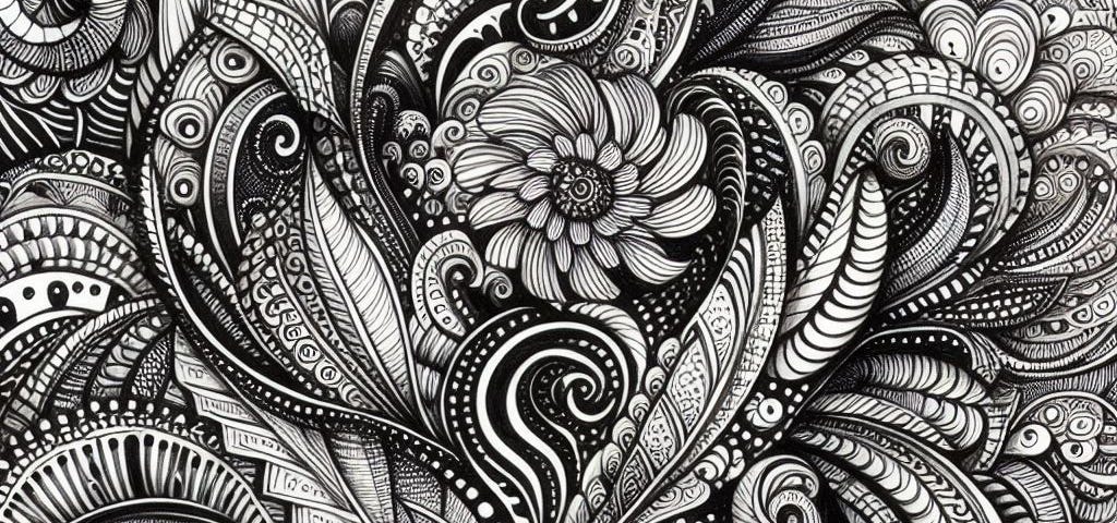 Black and white image of a highly-detailed floral doodle