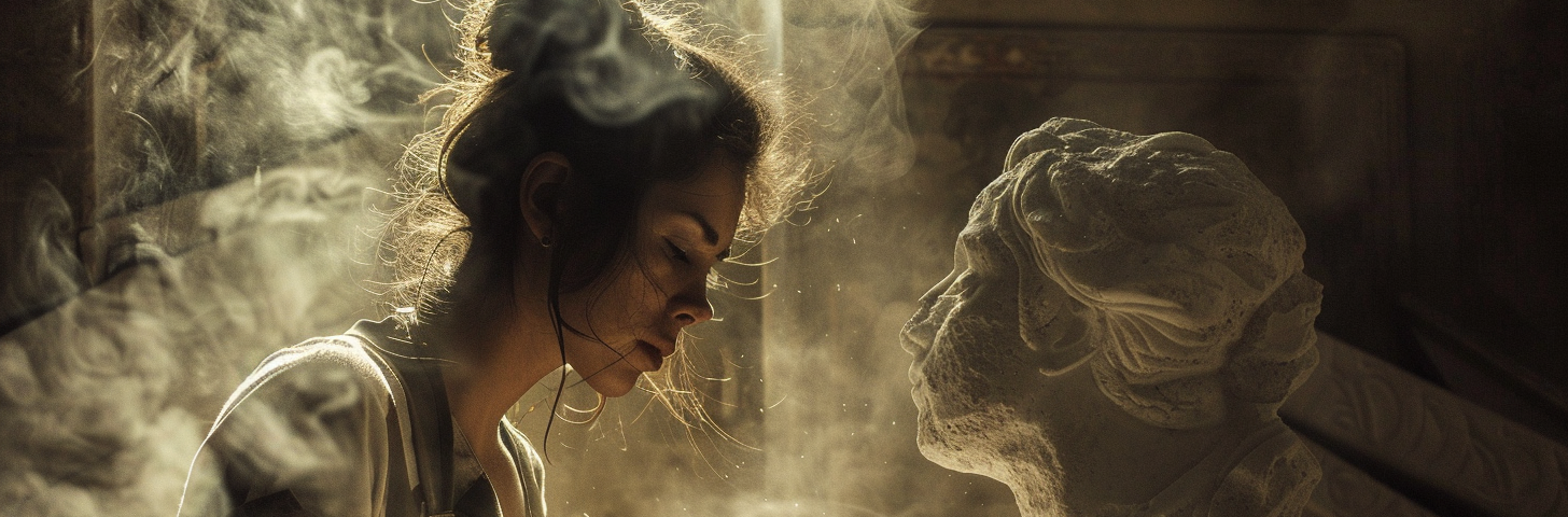 A female sculptor delicately carves a marble bust in a sunlit studio, surrounded by swirling dust, capturing a moment of artistic creation and deep emotional connection with her sculpture