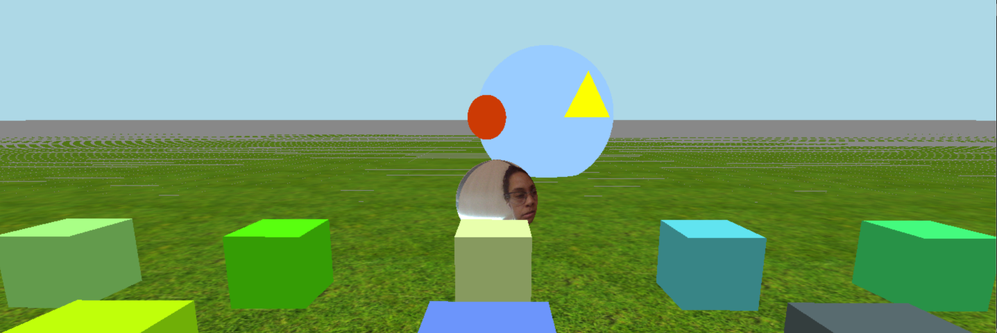 Virtual field with a grass floor and 4 cubes. a face s in the middle of the field.
