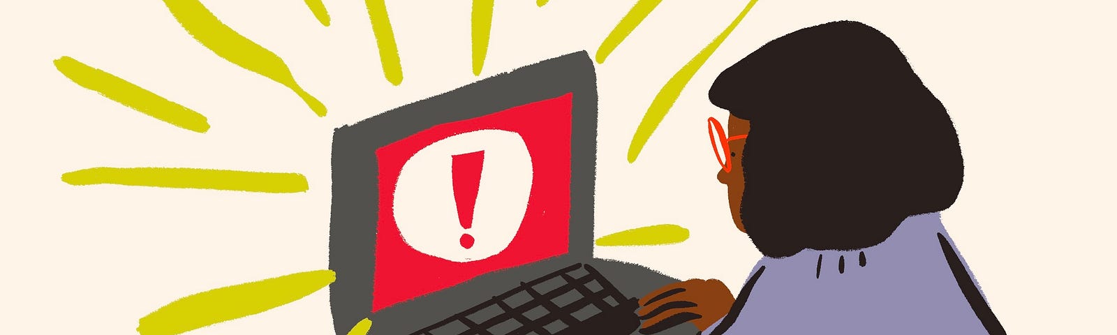 an illustration of a woman looking at a laptop with an alert sign on it