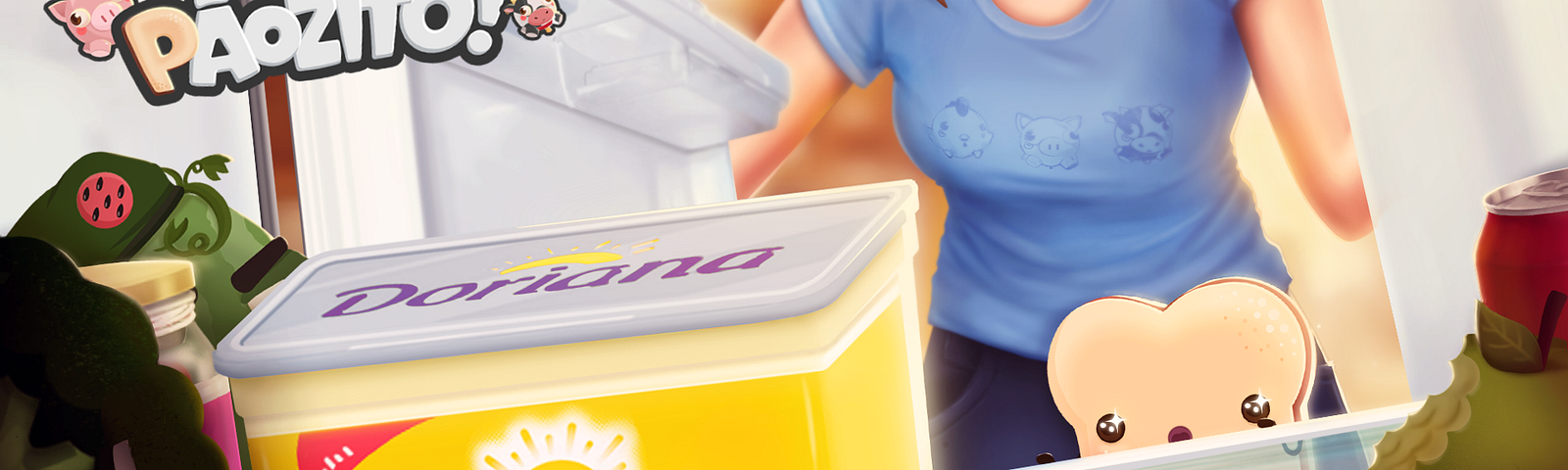 Imagem promocional do Pãozito com a Doriana. Mostra a visão de dentro de uma geladeira, evidenciando um pote de Doriana sendo observado pelo Pãozito ao fundo e uma mulher abrindo a geladeira.